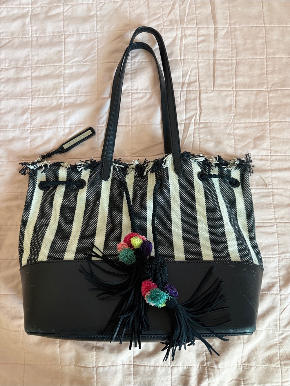 Loeffler Randall Black & White Striped Tote with Colorful Pom Tassels